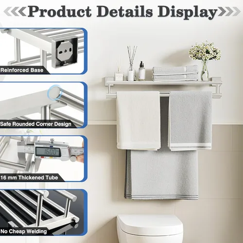 Miniatura 5 de Alise Toallero, Estante de Toallas con Barras Dobles para Lavabo de Baño, SUS 304 Acero Inoxidable de Montaje en Pared, 40.6 cm Níquel Cepillado