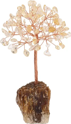 Miniatura 10 de mookaitedecor Árbol de cristal de peridoto natural sobre base de racimo de calcita ámbar, adorno de árbol de dinero de Feng Shui para decoración