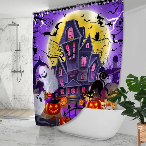 Miniatura 7 de Cortina de ducha de Halloween, cortina de baño impermeable de castillo, 71 x 71 pulgadas, decoración de baño de calabazas espeluznantes y fantasmas