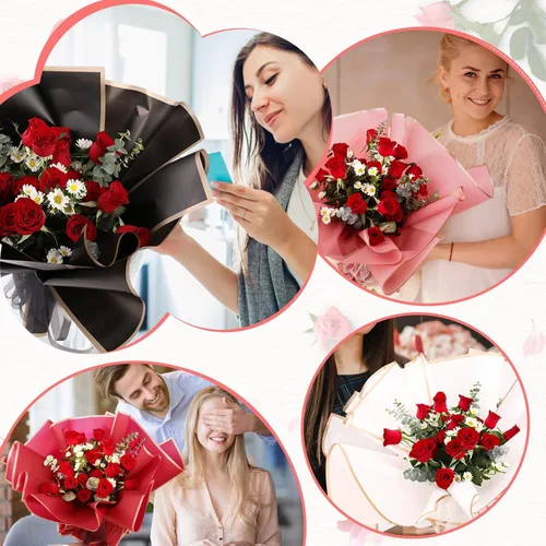 Miniatura 6 de RowinsyDD 20 hojas de papel de regalo de flores negras, papel de embalaje impermeable para ramos de flores, embalaje de regalo de 22.8 x 22.8