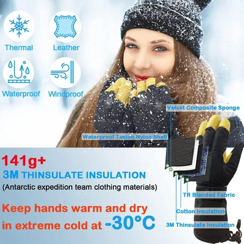 Miniatura 3 de Guantes de esquí de invierno de cuero para hombres, mujeres y niños, -22 3M Thinsulate cálidos para nieve, snowboard, motos de nieve, guantes