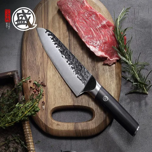 Miniatura 2 de MITSUMOTO SAKARI - Cuchillo japonés Santoku de 7 pulgadas, acero SKD-11 Wide 2mm Santoku blade for slicing, dicing and mincing, 3-layer SKD-11