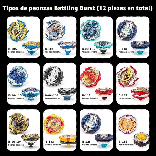 Miniatura 4 de AIBREAY Juego de trompos de combate Burst Gyro 12 trompos giratorios 3 lanzadores 1 agarre de juguete Juego de combate con batalla portátil Caja