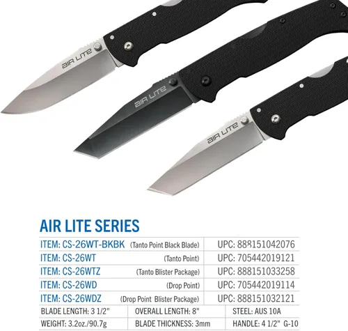 Miniatura 6 de Cold Steel Air Lite - Cuchillo plegable de bolsillo compacto de 3.5 pulgadas AUS10A con mango G-10 de 4.5 pulgadas, con bloqueo Tri-Ad