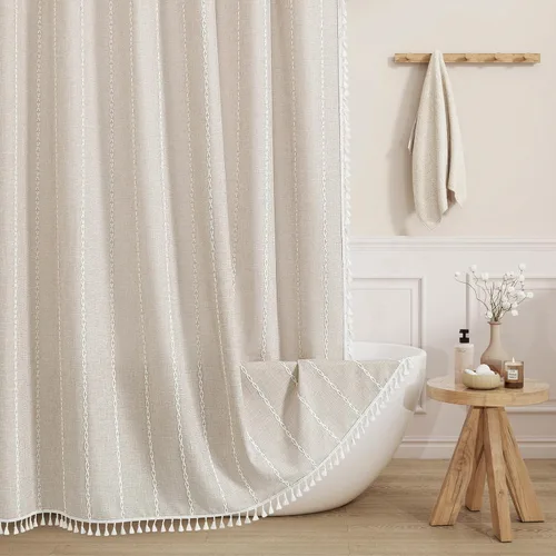 Miniatura 11 de MitoVilla - Juego de cortina de ducha de tela de granja gris, cortinas de ducha de poliéster y lino modernas estilo bohemio para decoración de baño