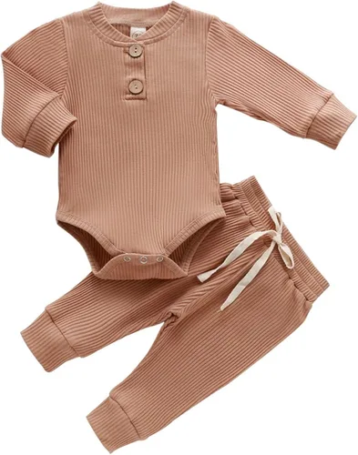 CIYCUIT Trajes de bebé recién nacido, de manga larga, color sólido, acanalado, de punto, pantalones de 2 piezas, ropa de bebé neutro para género