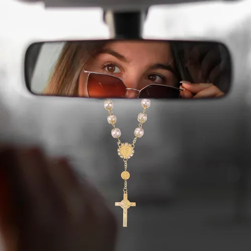 Miniatura 2 de Cobee Rosario para automóvil, rosario cruzado de 2 piezas, colgante de espejo retrovisor, accesorios para colgar en el automóvil, decoración Oro