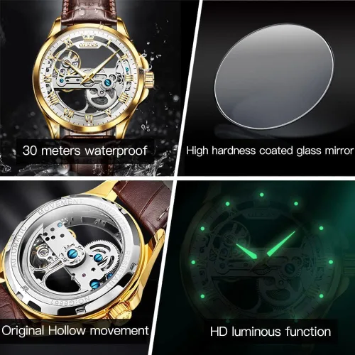 Miniatura 23 de OLEVS Relojes de esqueleto para hombre, automático, mecánico, de lujo, de cuero, impermeable, luminoso, reloj de pulsera para hombre