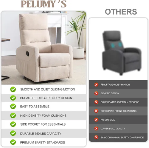 Miniatura 6 de PELUMY Silla reclinable manual, giratoria de 360° y sillón reclinable balancín con reclinable de 155°, sillón reclinable de tela compacta para Beige