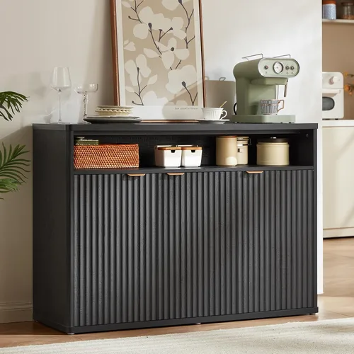 LEYAOYAO Gabinete de buffet acanalado con almacenamiento, aparador de madera de 45 pulgadas de ancho con 3 puertas y estante de almacenamiento Roble