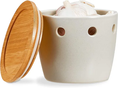 Miniatura 10 de ONEMORE Porta ajos grande con tapa, recipiente de ajo cerámico de 5 pulgadas, porta ajos para mostrador, naranja