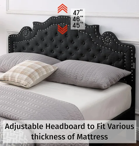 Miniatura 4 de Base de cama de plataforma tapizada tamaño Queen con cabecero ajustable de 47 pulgadas de alto, cama de lino copetuda con botones, soporte de Beige