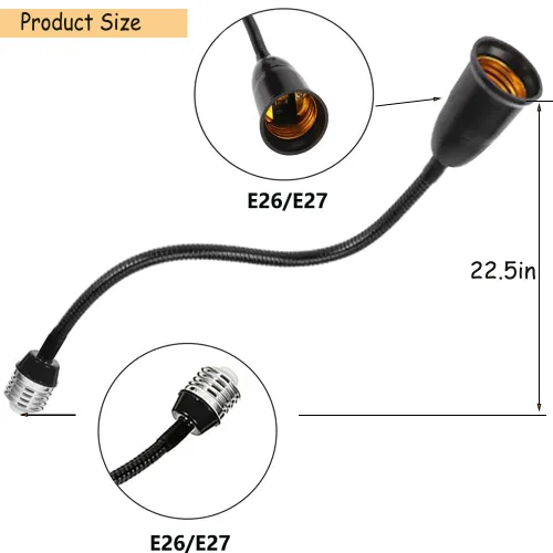 Miniatura 2 de Adaptador extensor de enchufe de luz E26/E27, extensión de 22.8 in/22.5 pulgadas, resistente al calor de 329.0 °F sin peligro de incendio, flexible