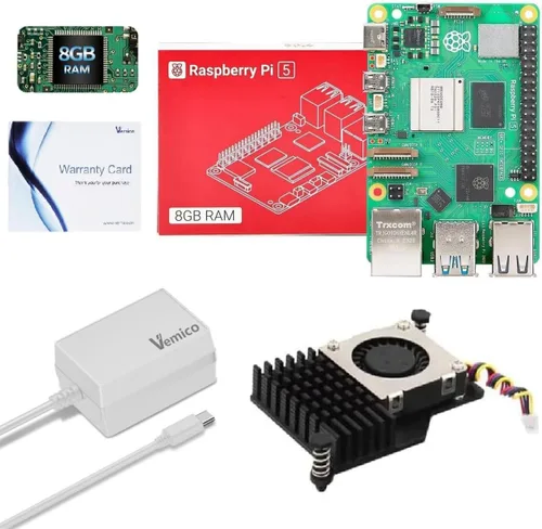 Vemico Raspberry Pi 5 - Kit de inicio de 8 GB con placa única Pi 5 de 8 GB, enfriador activo y fuente de alimentación tipo C de 27 W, GaN 5.1 V 5 A,