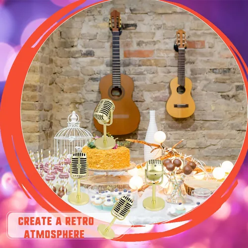 Miniatura 7 de Paquete de 6 micrófonos de estilo retro, modelo de micrófono falso dorado con soporte clásico vintage de plástico para Halloween, juego de rol, hip