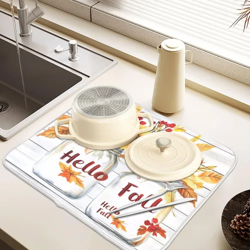 Miniatura 5 de Tapete de secado de platos de hojas de otoño y girasol, almohadilla absorbente de secado rápido, protector para encimera de cocina, 16 x 18 pulgadas