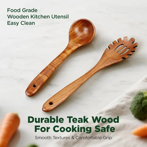 Miniatura 2 de Cucharas de madera para cocinar, juego de utensilios de cocina de madera de teca natural, cucharón grande para sopa y pasta ranurado tenedor colador