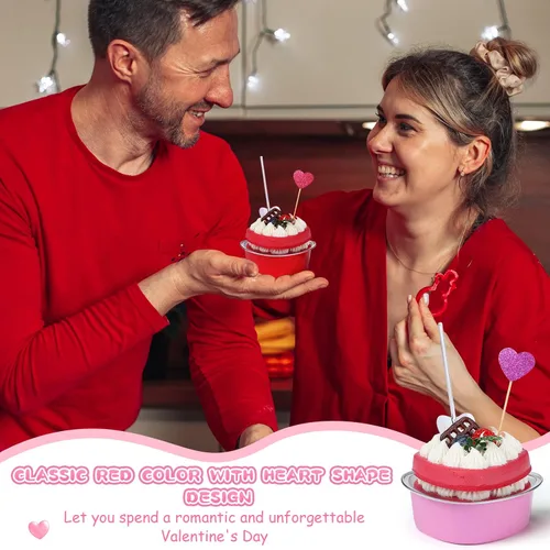 Miniatura 6 de El juego de 300 moldes para tartas de corazón incluye 3.4 onzas de aluminio desechable de San Valentín, molde para hornear postres, cuchara de Rojo