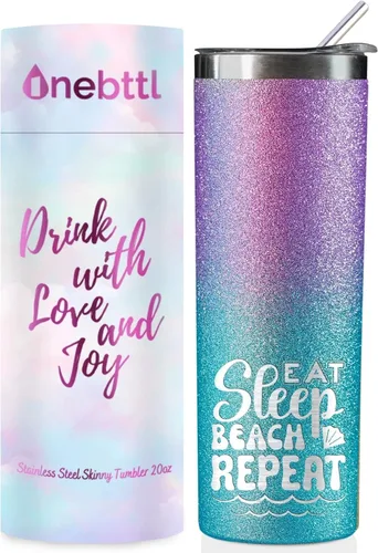 Onebttl Regalos de playa para mujeres, vaso delgado de 20 onzas con tapa y pajita, regalos temáticos de playa para amantes de la playa, azul Repetir