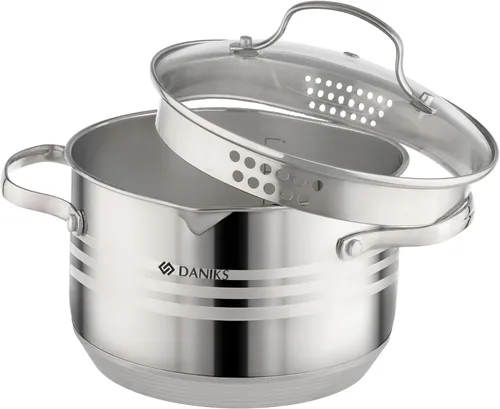 Daniks Tokio - Olla de acero inoxidable de 3 cuartos de galón, con tapa de colador de vidrio, lista para inducción, apta para lavavajillas, escala