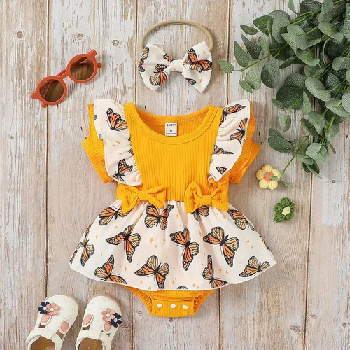 Miniatura 2 de Conjunto de 2 piezas de ropa de verano para bebé recién nacida, manga corta, estampado de mariposas, con tirantes acanalados, diadema