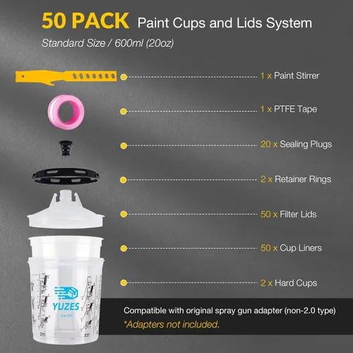 Miniatura 2 de YUZES Vasos de pintura desechables para pistola pulverizadora de 20 onzas (600ml), 50 vasos de pintura desechables con tapas, 2 tazas de mezcla