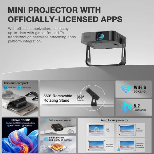 Miniatura 6 de [Aplicación con licencia oficial y enfoque automático] Mini proyector inteligente negro con WiFi y Bluetooth, proyector de película compatible