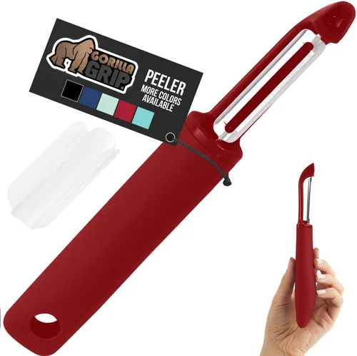 Miniatura 10 de GORILLA GRIP Pelador de verduras patentado de acero inoxidable afilado sin BPA, doble giratorio, mango suave y cómodo, pele suavemente manzanas