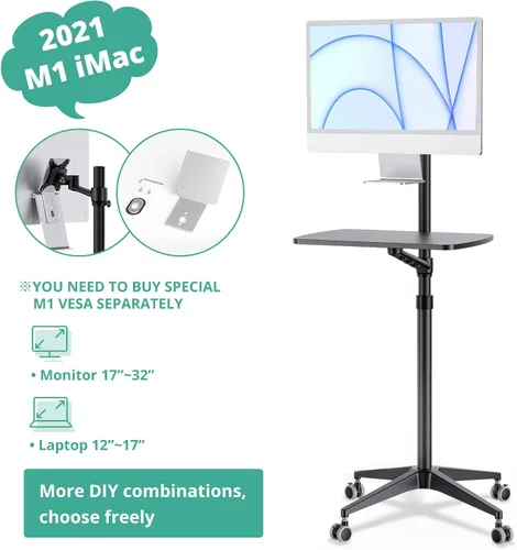 Miniatura 5 de Viozon Escritorio móvil, estación de trabajo móvil, soporte de suelo para portátil multiuso, altura ajustable de 34 a 48.6 pulgadas, compatible