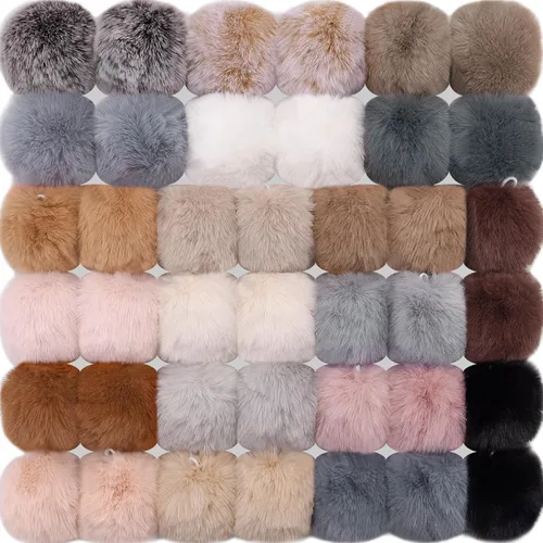 Miniatura 8 de BQTQ 40 pompones de piel sintética con lazo elástico, pompones esponjosos de piel sintética de conejo para sombreros, gorros, zapatos, bufandas