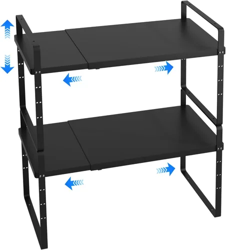 Miniatura 8 de Organizador de estante expandible para gabinete, almacenamiento apilable para mostrador de despensa de cocina, soporte ajustable para armario, Negro