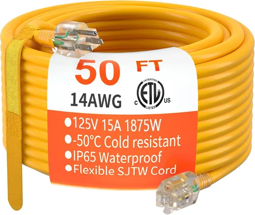 Miniatura 19 de HUANCHAIN Cable de extensión para interiores y exteriores, 50 pies, impermeable, calibre 16/3, flexible, resistente, cable de extensión para Amarillo
