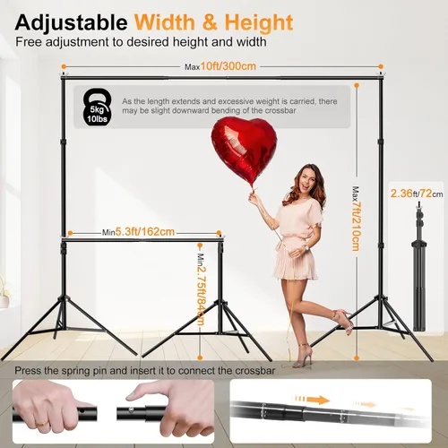 Miniatura 2 de Soporte para Telón de Fondo, 10 x 7 pies (ancho x alto) Soporte para Fondo Fotográfico Kit de Soporte Ajustable con 2 Barras Transversales, 8