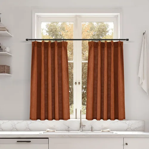 Miniatura 124 de Juego de 2 paneles de cortinas de ventana de cocina beige de 24 pulgadas de largo, con textura de lino, plisadas, filtrantes de luz, semi pequeñas