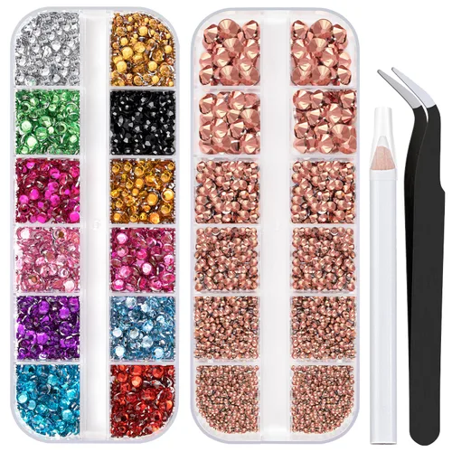 Miniatura 9 de 4520 diamantes de imitación para uñas, de 0.069 a 0.236 pulgadas, coloridos, dorados, con parte trasera plana, redondos, brillantes