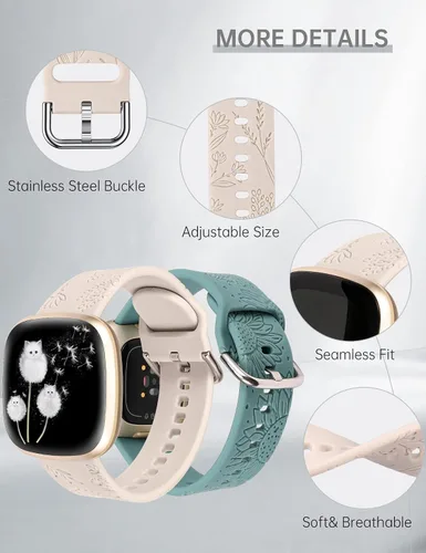 Miniatura 4 de Minyee Paquete de 2 correas grabadas florales compatibles con Fitbit Versa 4/Versa 3/Sense 2/Sense Band para mujer, lindo diseño de girasol