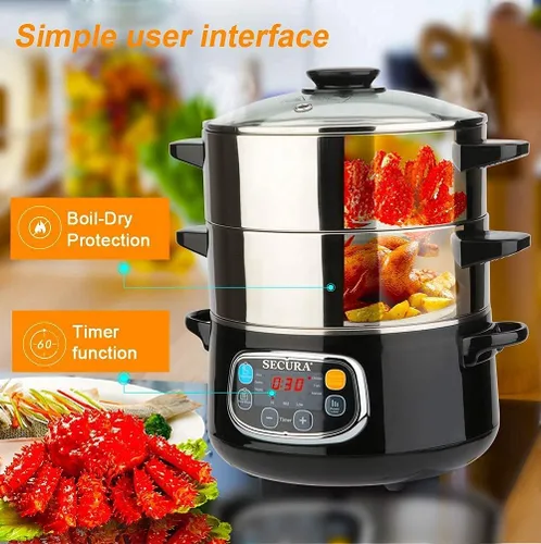 Miniatura 4 de Secura Vaporizador eléctrico de alimentos, cestas apilables de doble nivel con temporizador, 1200 W, calentamiento rápido, acero inoxidable