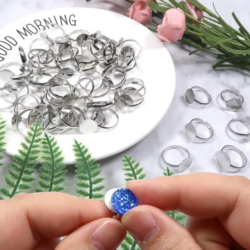 Miniatura 5 de TOAOB - 60 anillos en blanco chapados en plata, anillos planos ajustables con base en blanco