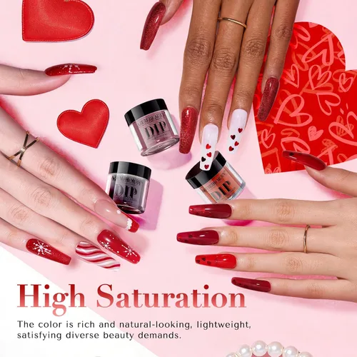 Miniatura 3 de AZUREBEAUTY - Juego de uñas en polvo para inmersión, rojo navideño, borgoña, rosa, baya, brillo, blanco, plata, purpurina, 6 colores, kit