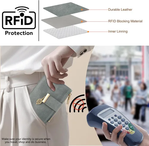 Miniatura 5 de yiijay Billetera pequeña para mujer, con bloqueo RFID, de piel, plegable, tarjetero para tarjetas de crédito para mujeres, cartera compacta