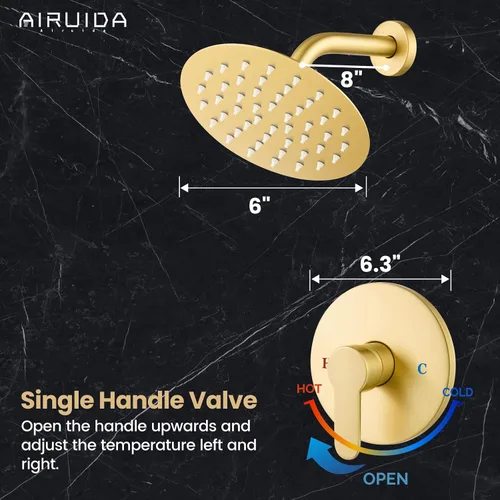 Miniatura 8 de Airuida Juego de grifo de ducha, cabezal de ducha redondo de 6 pulgadas, SUS304 de acero inoxidable de un solo mango, sistema de baño de montaje