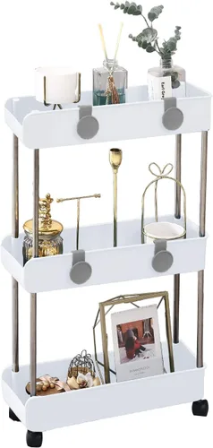 Miniatura 7 de Melody House - Estantería móvil delgada de 3 niveles sobre ruedas, organizador de almacenamiento de baño rodante, carrito de utilidad, estante