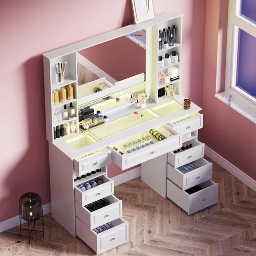 Miniatura 5 de Wildhome Escritorio de tocador de maquillaje con espejo y luces, mesa de tocador grande de 47 pulgadas con 9 cajones y 10 estantes de almacenamiento