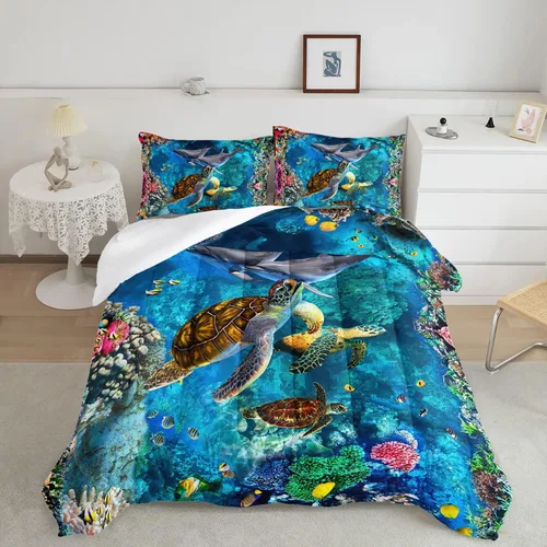 CVHOUSE - Juego de edredón de tortuga marina, juego de cama de tortuga marina oceánica para niños y adolescentes, juego de edredón de tortuga marina