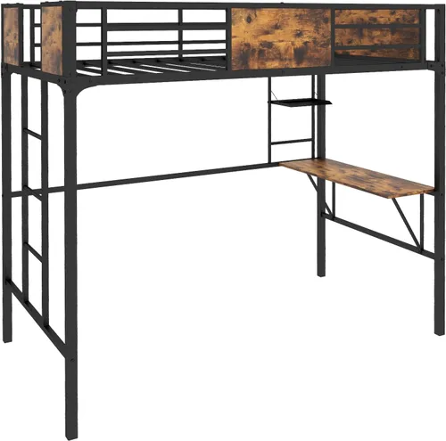 Miniatura 9 de Giantex Cama alta de metal tamaño individual con escritorio y estante de almacenamiento, marco de cama alta resistente con escalera integrada
