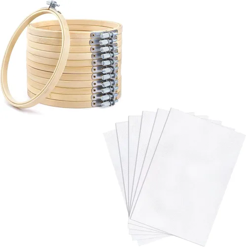 Caydo Juego de 12 aros de bordado de 6 pulgadas con 6 piezas de tela Aida, 14 unidades de tela blanca de punto de cruz para bordado de manualidades,