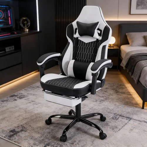 Miniatura 6 de Silla gamer, silla de computadora para juegos con reposacabezas ajustable, soporte lumbar ergonómico, asiento giratorio para salas de estar, Negro
