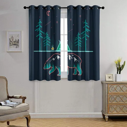 Miniatura 4 de Cortinas abstractas con estampado de cámper de caricaturas, divertido tema de aventura, campamento, montañas, vida silvestre, oso, tratamiento