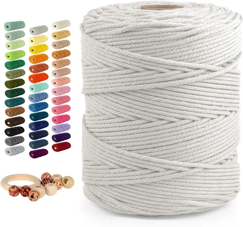 Miniatura 38 de Cordón de algodón macramé 5mmx109 yardas 4 hebras, Munzong Natural hecho a mano 4 cuerdas de algodón trenzadas para colgar en la pared, tejido