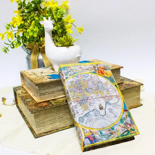 Miniatura 8 de Juego de 3 Cajas Decorativas para Libros, Cajas de Recuerdo y Baratijas con Patrón de Mapa del Mundo Antiguo, Regalo de Graduación Juego de 3